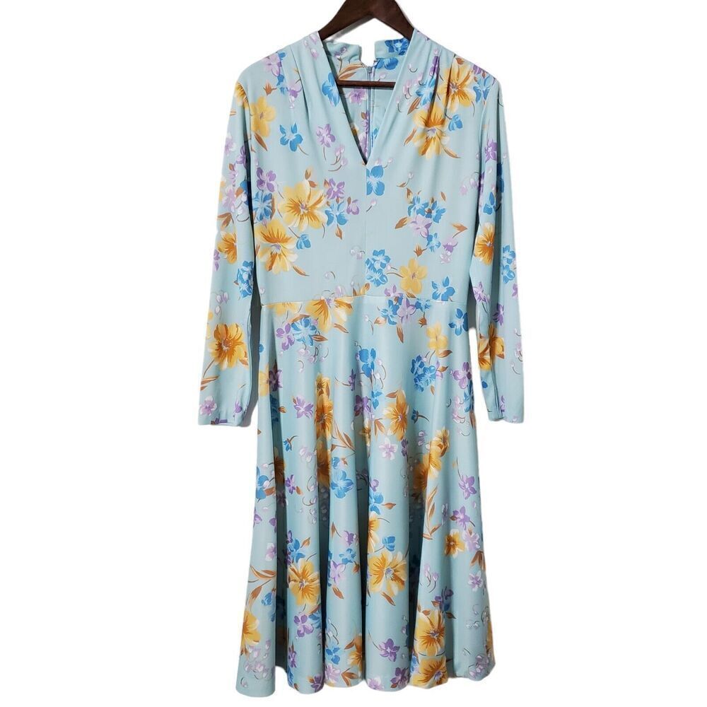 VTG Whirlaway Frocks Floral Pleated Midi Dress Size L Teal Long Sleeve Womens